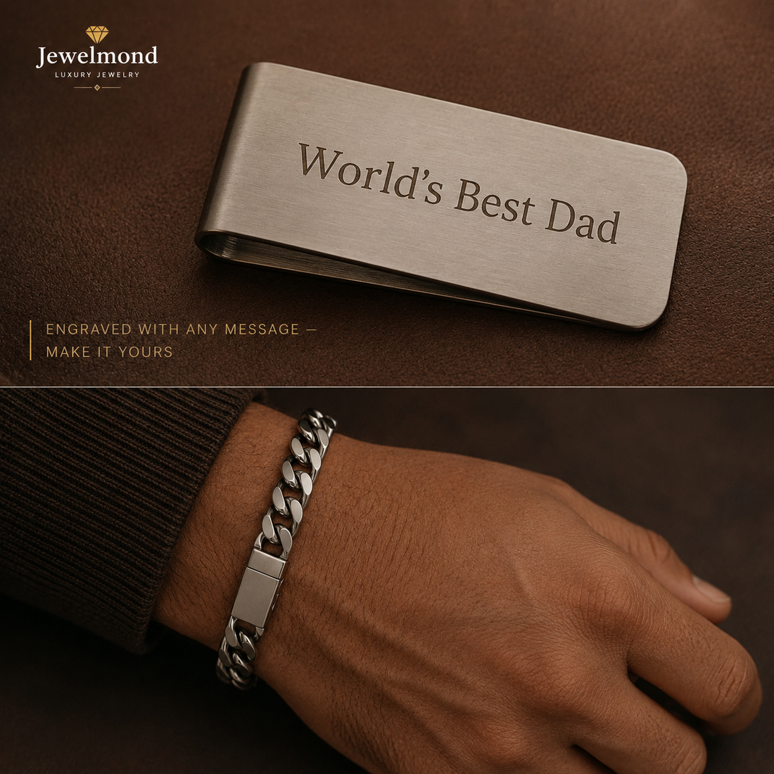 Personalized Money Clip & Cuban Chain Bracelet Gift Set for Dad | Custom Engraved Father's Day Gift